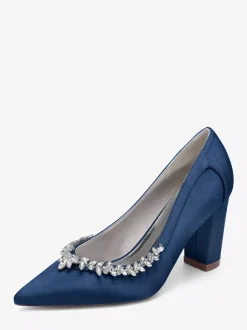 Chaussures de mariée en satin à bout pointu et talons épais avec strass