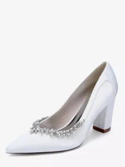 Chaussures de mariée en satin à bout pointu et talons épais avec strass