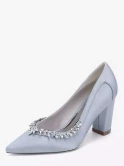 Chaussures de mariée en satin à bout pointu et talons épais avec strass