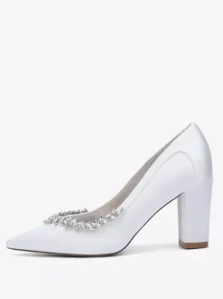 Chaussures de mariée en satin à bout pointu et talons épais avec strass