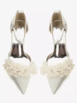 Chaussures de mariée en satin à bout pointu et talons compensés ornés de perles