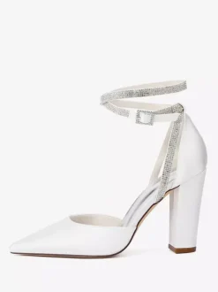Chaussures de mariée en satin à bout pointu et bride à la cheville avec strass