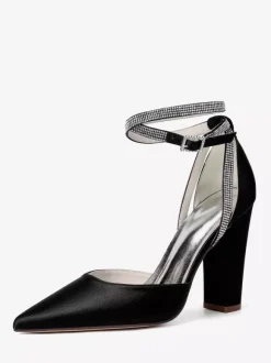 Chaussures de mariée en satin à bout pointu et bride à la cheville avec strass