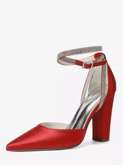 Chaussures de mariée en satin à bout pointu et bride à la cheville avec strass