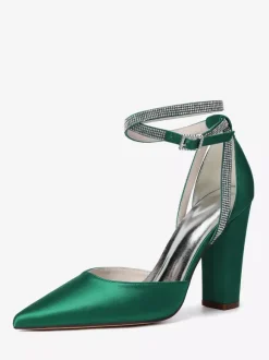Chaussures de mariée en satin à bout pointu et bride à la cheville avec strass