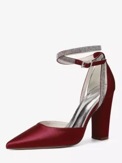 Chaussures de mariée en satin à bout pointu et bride à la cheville avec strass