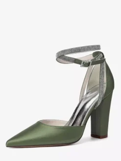 Chaussures de mariée en satin à bout pointu et bride à la cheville avec strass