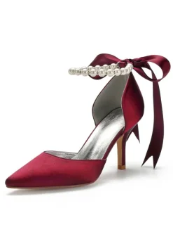 Chaussures de mariée en satin Rose bout pointu Bow talon aiguille chaussures de mariée