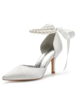 Chaussures de mariée en satin Rose bout pointu Bow talon aiguille chaussures de mariée