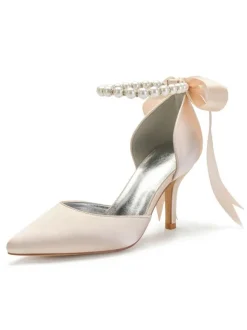 Chaussures de mariée en satin Rose bout pointu Bow talon aiguille chaussures de mariée