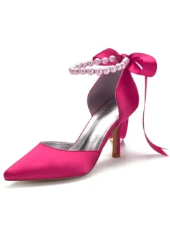 Chaussures de mariée en satin Rose bout pointu Bow talon aiguille chaussures de mariée
