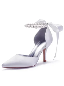 Chaussures de mariée en satin Rose bout pointu Bow talon aiguille chaussures de mariée
