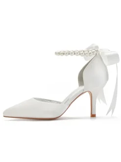 Chaussures de mariée en satin Rose bout pointu Bow talon aiguille chaussures de mariée