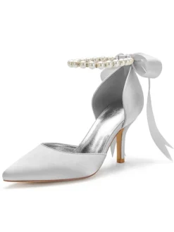 Chaussures de mariée en satin Rose bout pointu Bow talon aiguille chaussures de mariée