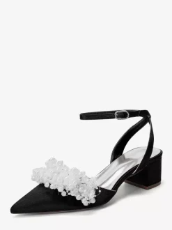 Chaussures de mariée en satin à talon compensé perles et bride cheville