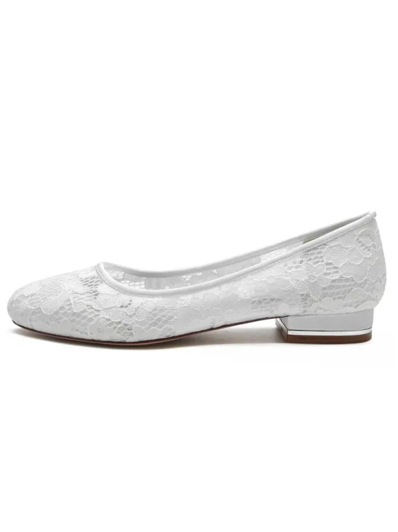 Chaussures de Mariée Femme avec Bout Rond en Dentelle Unicolore