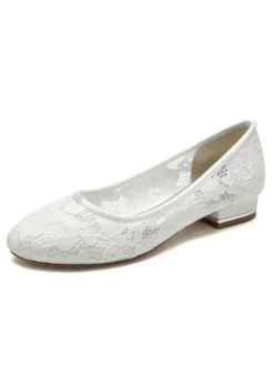 Chaussures de Mariée Femme avec Bout Rond en Dentelle Unicolore