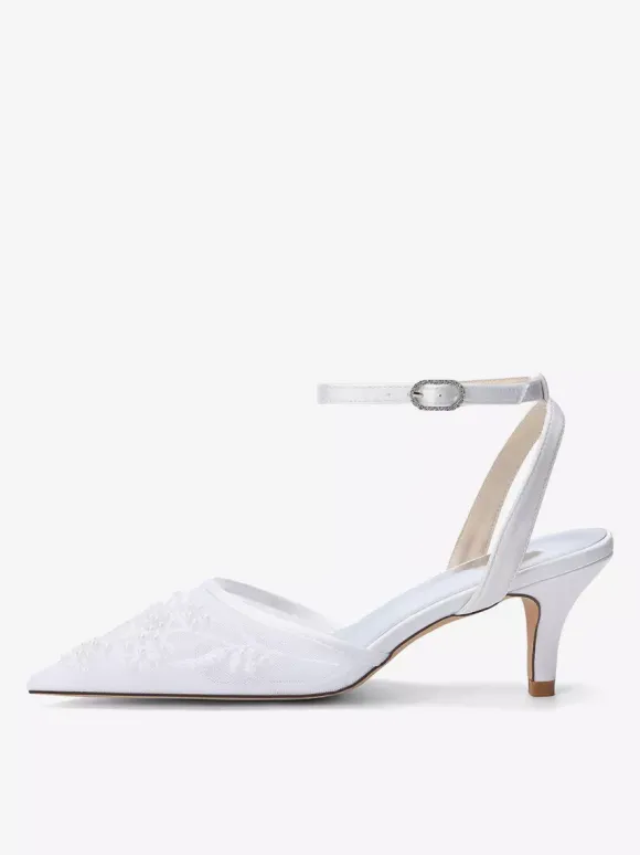 Chaussures de mariée à petits talons bout pointu en dentelle bride cheville