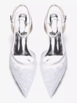 Chaussures de mariée à petits talons bout pointu en dentelle bride cheville