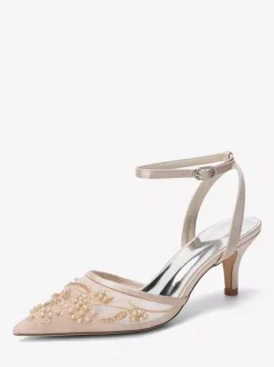 Chaussures de mariée à petits talons bout pointu en dentelle bride cheville