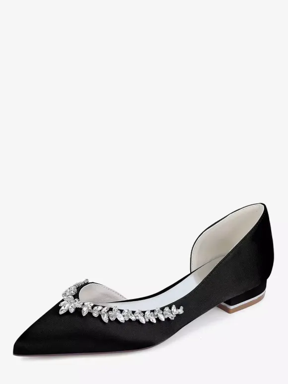 Chaussures de mariée plates en satin à bout pointu et strass