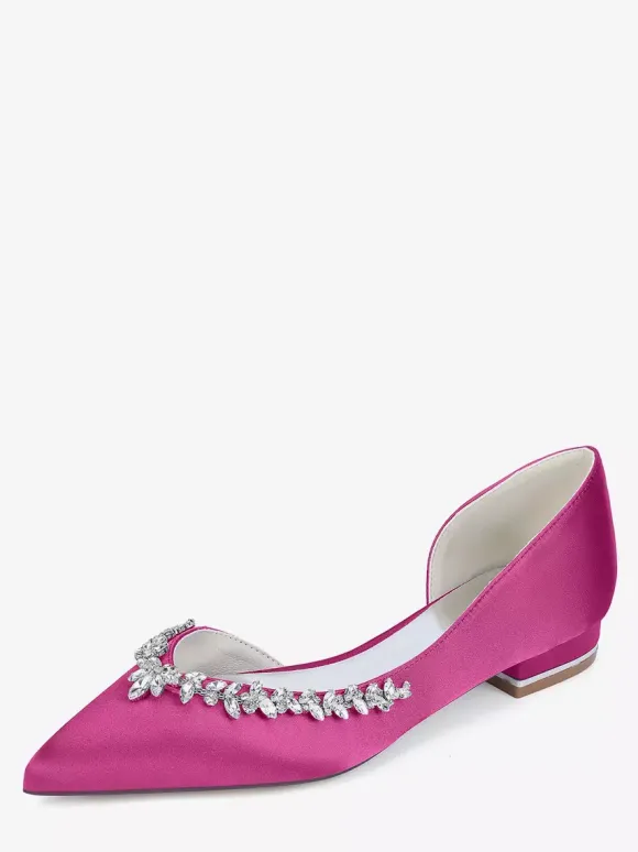 Chaussures de mariée plates en satin à bout pointu et strass