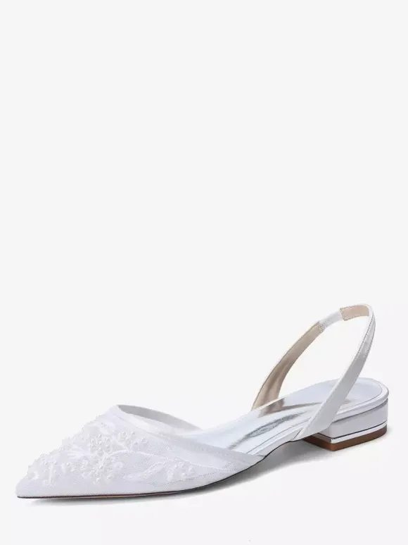 Chaussures de mariée plates en dentelle à bout pointu à enfiler