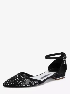 Chaussures de mariée plates en dentelle et strass à bout pointu