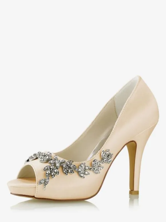 Chaussures De Mariée Pour Femmes Satin Blanc Bout Ouvert Strass Talon Chaussures De Mariage
