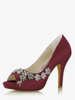 Chaussures De Mariée Pour Femmes Satin Blanc Bout Ouvert Strass Talon Chaussures De Mariage