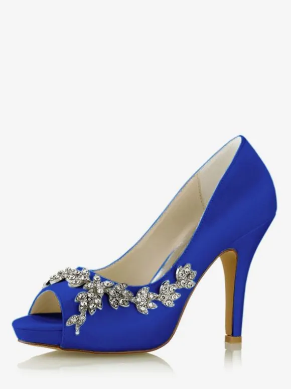Chaussures De Mariée Pour Femmes Satin Blanc Bout Ouvert Strass Talon Chaussures De Mariage