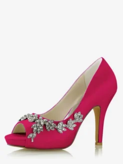Chaussures De Mariée Pour Femmes Satin Blanc Bout Ouvert Strass Talon Chaussures De Mariage