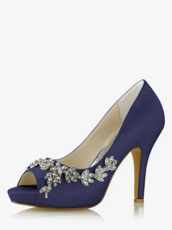 Chaussures De Mariée Pour Femmes Satin Blanc Bout Ouvert Strass Talon Chaussures De Mariage