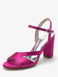 Chaussures De Mariée Pour Femmes Satin Bout Ouvert Talon Épais Chaussures De Mariage