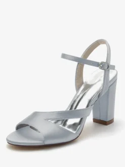 Chaussures De Mariée Pour Femmes Satin Bout Ouvert Talon Épais Chaussures De Mariage
