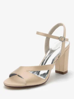 Chaussures De Mariée Pour Femmes Satin Bout Ouvert Talon Épais Chaussures De Mariage