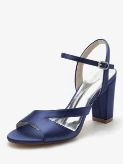 Chaussures De Mariée Pour Femmes Satin Bout Ouvert Talon Épais Chaussures De Mariage