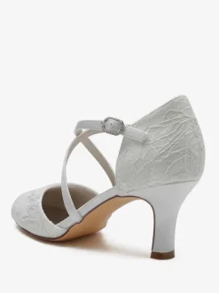 Chaussures De Mariée Pour Femme En Dentelle Bout Rond Strass Talon Trotteur Chaussures De Mariage À Lacets
