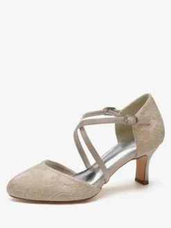 Chaussures De Mariée Pour Femme En Dentelle Bout Rond Strass Talon Trotteur Chaussures De Mariage À Lacets