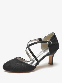 Chaussures De Mariée Pour Femme En Dentelle Bout Rond Strass Talon Trotteur Chaussures De Mariage À Lacets