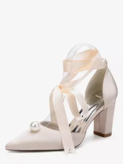 Chaussures de mariée à talons épais en satin bout pointu perles et lacets