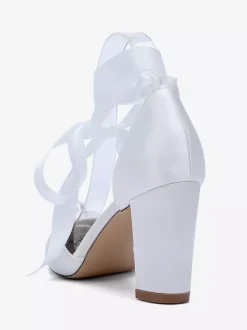 Chaussures de mariée à talons épais en satin bout pointu perles et lacets