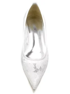 Chaussures de Mariée Transparentes Mariage Femme Bout Pointu en Dentelle Talon Bas