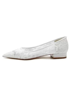 Chaussures de Mariée Transparentes Mariage Femme Bout Pointu en Dentelle Talon Bas
