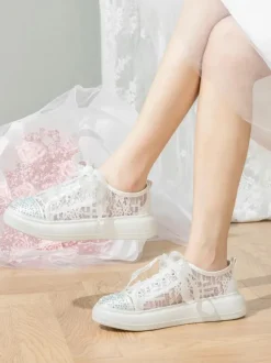 Chaussures de mariée Transparentes femme mariage en dentelle à bout rond