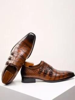 Chaussures de moine pour hommes bout carré détails métalliques cuir