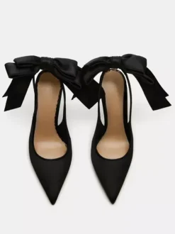 Chaussures de soirée en satin à bout pointu et talon haut avec n艙ud