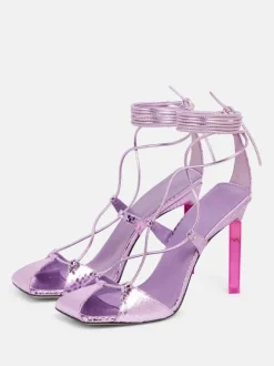 Chaussures de soirée en satin bleu à lacets chaussures sandales à talons hauts pour femmes