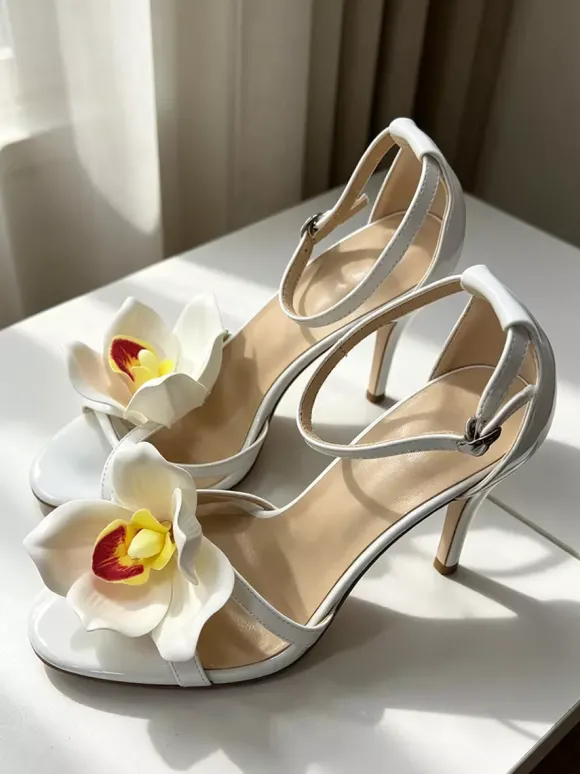 Chaussures de soirée en satin pour femmes bout ouvert détails floraux talons hauts
