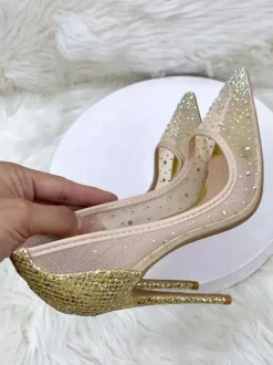 Chaussures de soirée à talons hauts en maille strass bout pointu chaussures de mariage à talons aiguilles